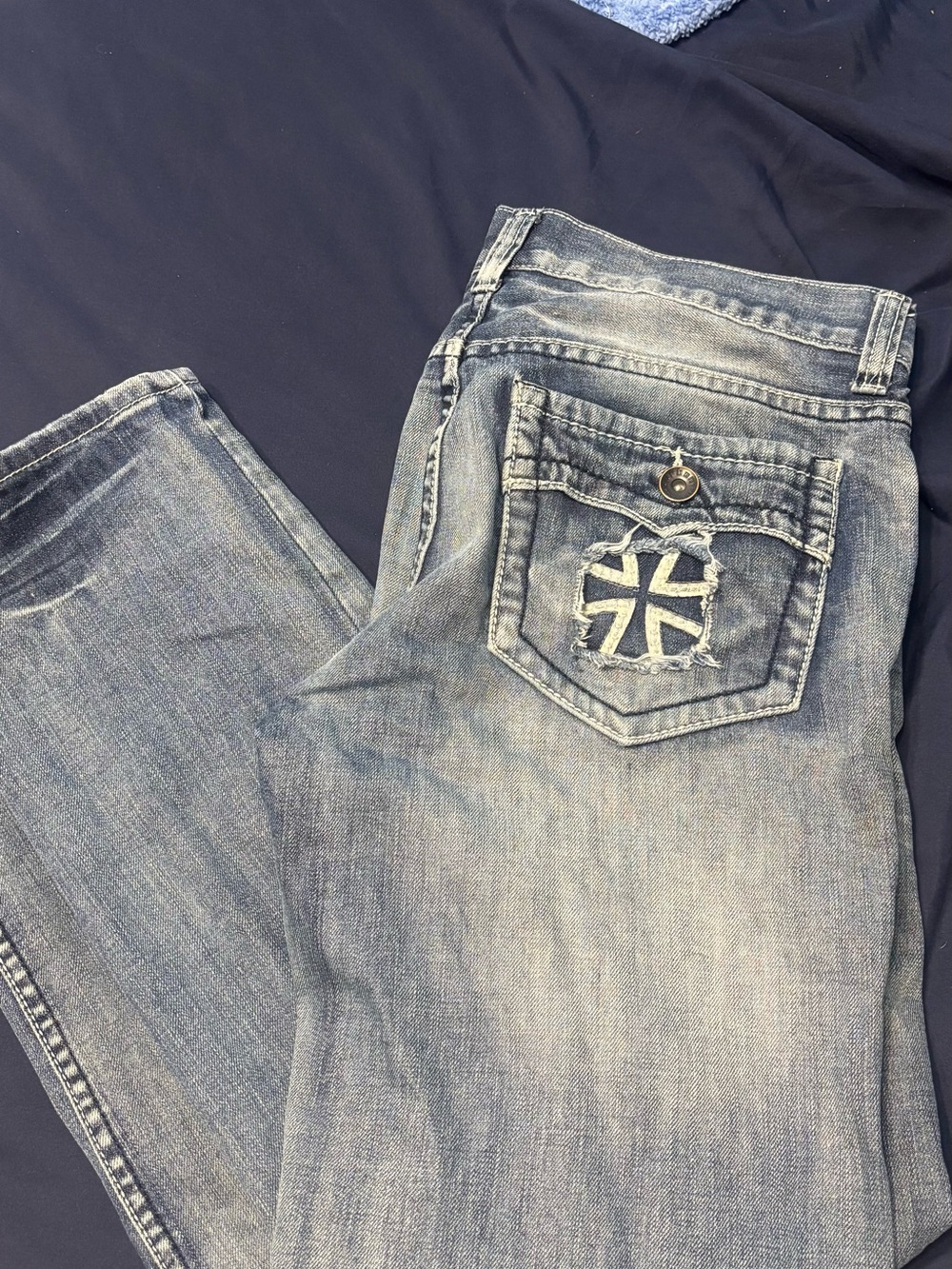 BKE Men's Light Blue Bootcut Jeans with Distressed Pocket Patch